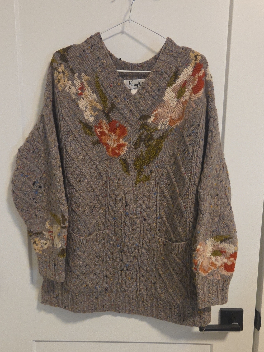Vintage Taupe Speckled Cable-Knit V-Neck Sweater